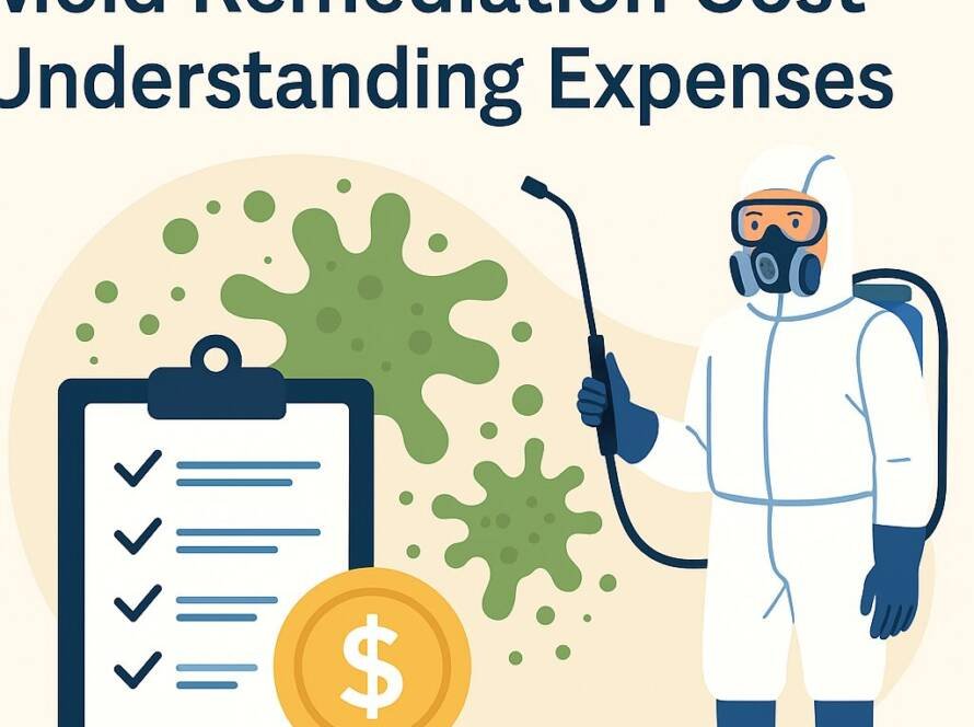 Feature image showing a mold remediation technician in protective gear beside a cost checklist and dollar symbol, representing mold remediation cost and understanding expenses.