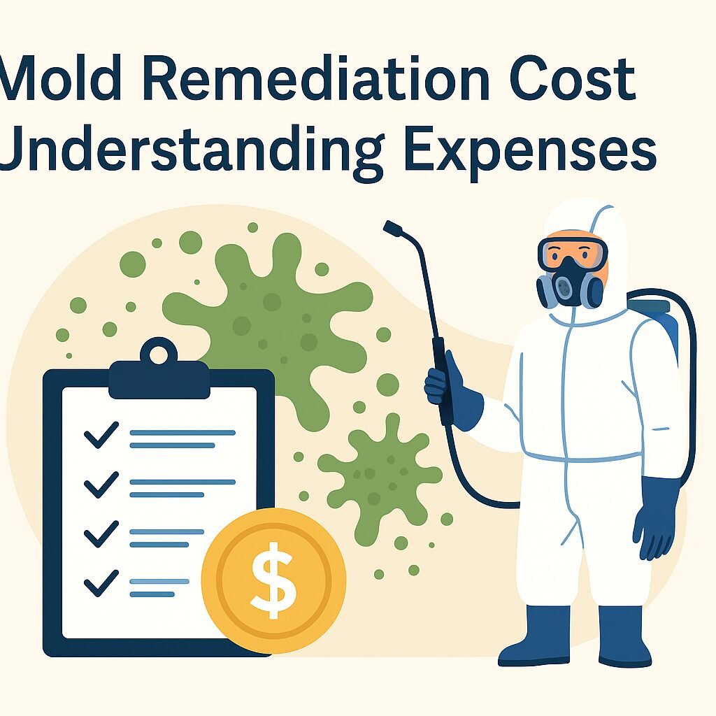 Feature image showing a mold remediation technician in protective gear beside a cost checklist and dollar symbol, representing mold remediation cost and understanding expenses.