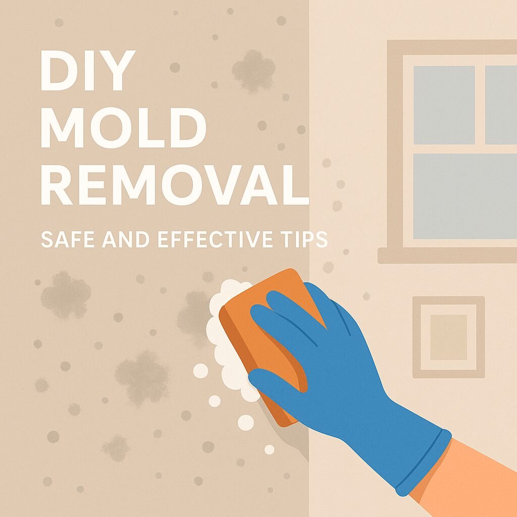 Illustration of DIY mold removal with a gloved hand scrubbing mold from a wall using a sponge, text overlay DIY Mold Removal Safe and Effective Tips