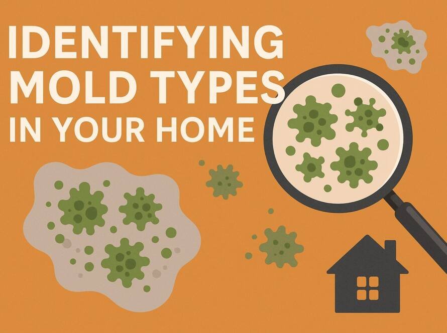 Illustration of different mold types magnified inside a home with text: Identifying Mold Types in Your Home.