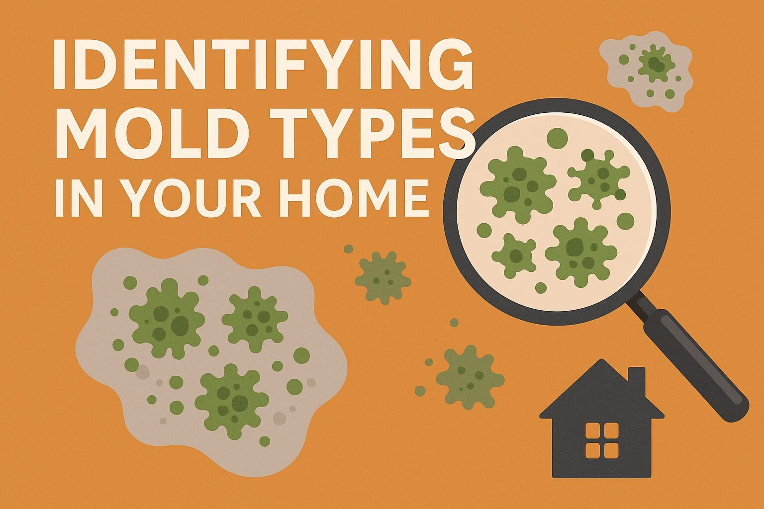 Illustration of different mold types magnified inside a home with text: Identifying Mold Types in Your Home.
