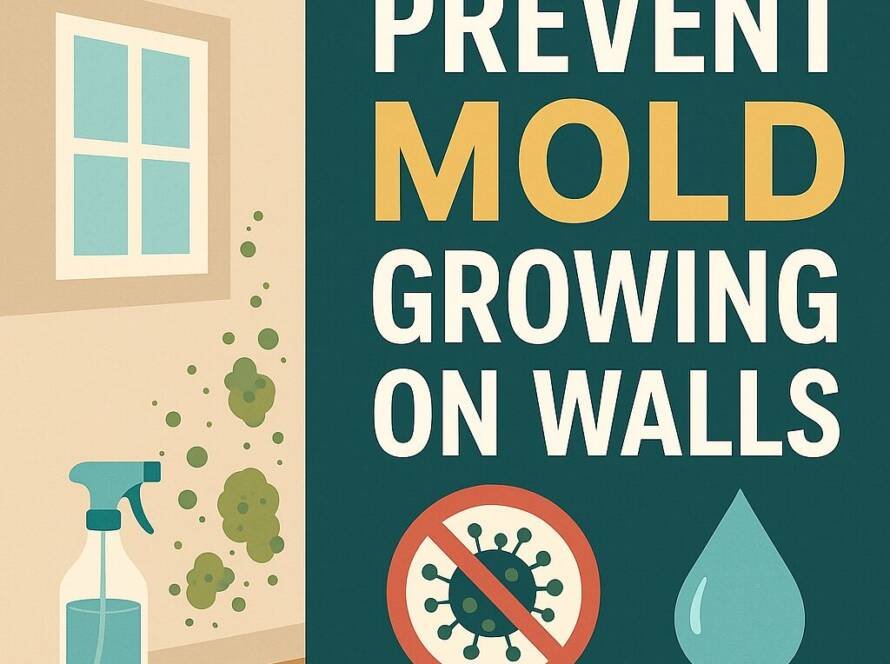 Illustration showing how to prevent mold from growing on walls with cleaning spray, mold spots, and prevention icons