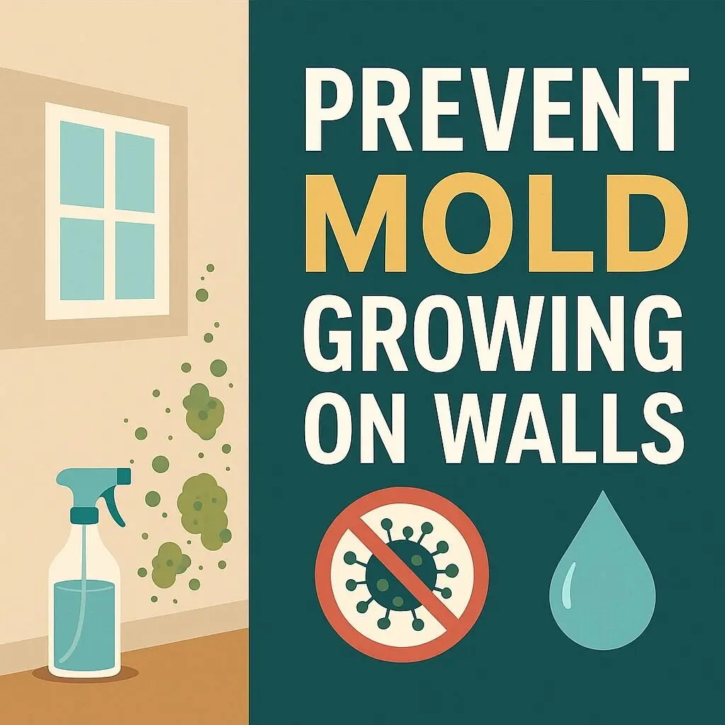 Illustration showing how to prevent mold from growing on walls with cleaning spray, mold spots, and prevention icons