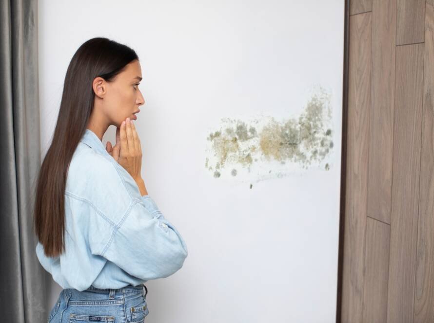 Concerned woman looking at mold growth on a white wall, highlighting the need for mold remediation in Miami.