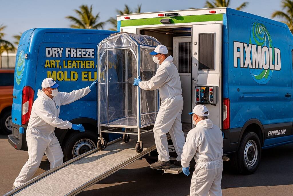 Mold removal team working with protective gear