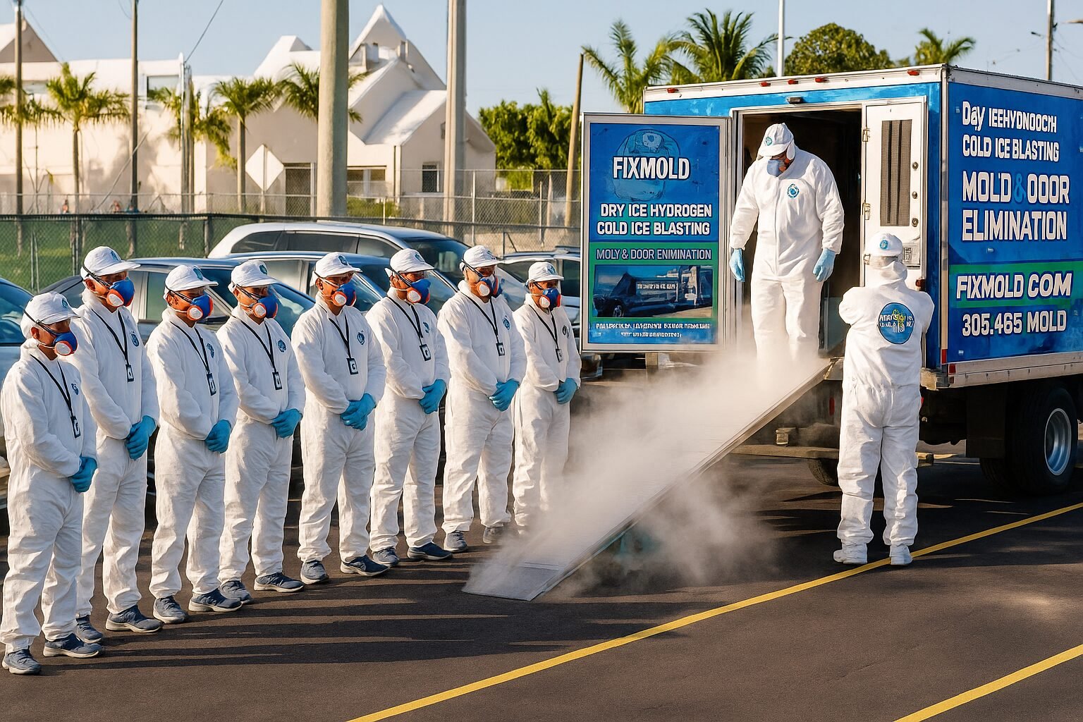 Mold removal team working with protective gear