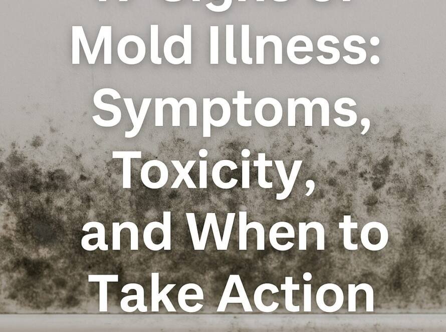 Feature image for blog titled ‘17 Signs of Mold Illness: Symptoms, Toxicity, and When to Take Action’ showing black mold growth along a white wall near the baseboard