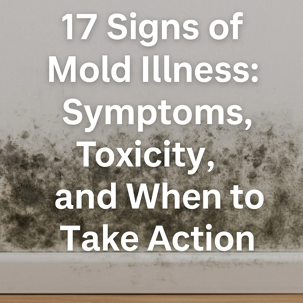 Feature image for blog titled ‘17 Signs of Mold Illness: Symptoms, Toxicity, and When to Take Action’ showing black mold growth along a white wall near the baseboard