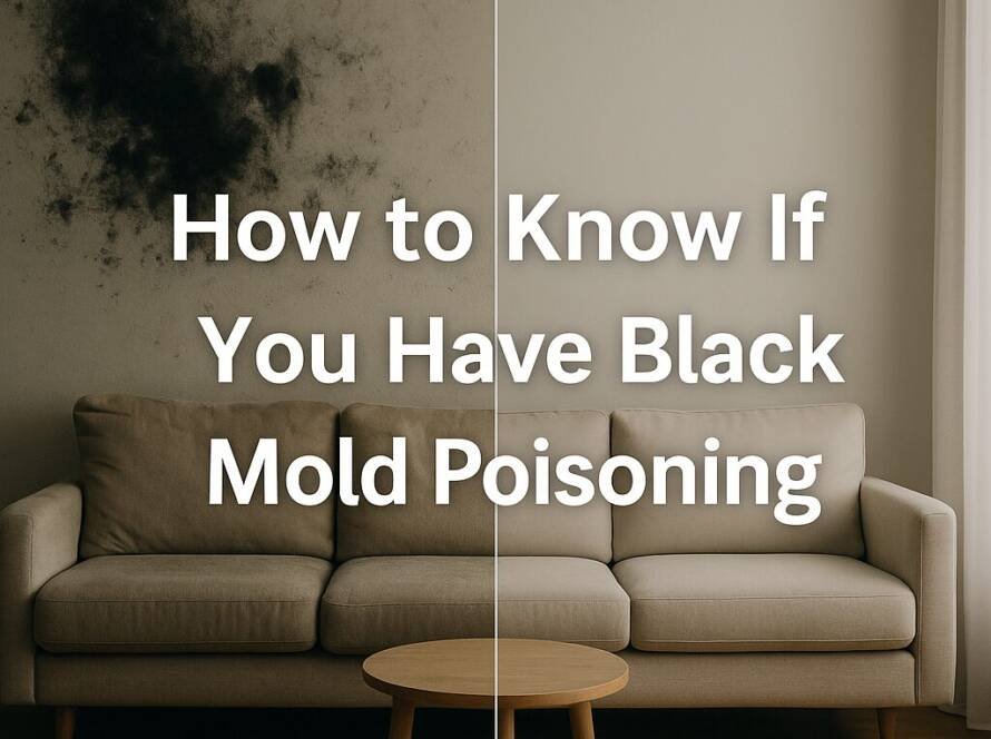 Split-screen Miami living room showing signs of black mold poisoning. Left side has black mold growing on the wall and sofa, while the right side is clean, bright, and mold-free. Text overlay reads: ‘How to Know If You Have Black Mold Poisoning