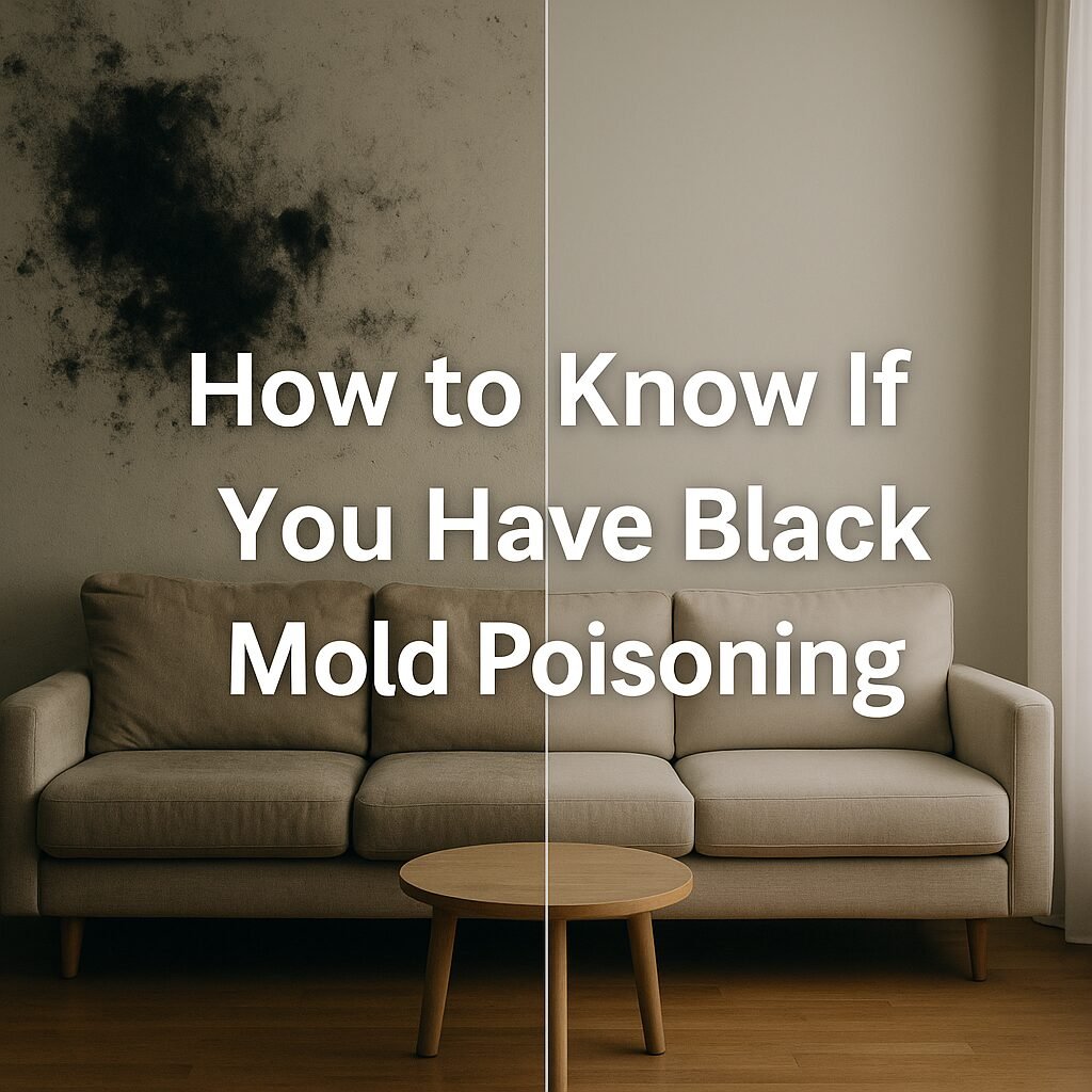 Split-screen Miami living room showing signs of black mold poisoning. Left side has black mold growing on the wall and sofa, while the right side is clean, bright, and mold-free. Text overlay reads: ‘How to Know If You Have Black Mold Poisoning