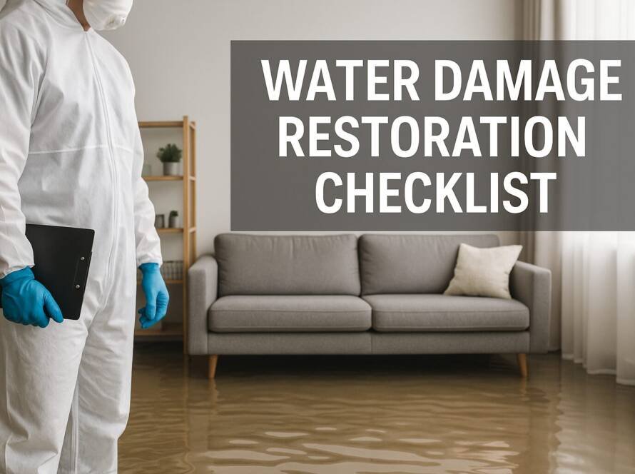 Feature image titled ‘Water Damage Restoration Checklist’ showing a clipboard with essential steps: Ensure Safety, Document Damage, Extract Water, Check for Damage, Dry Affected Areas, Prevent Mold.