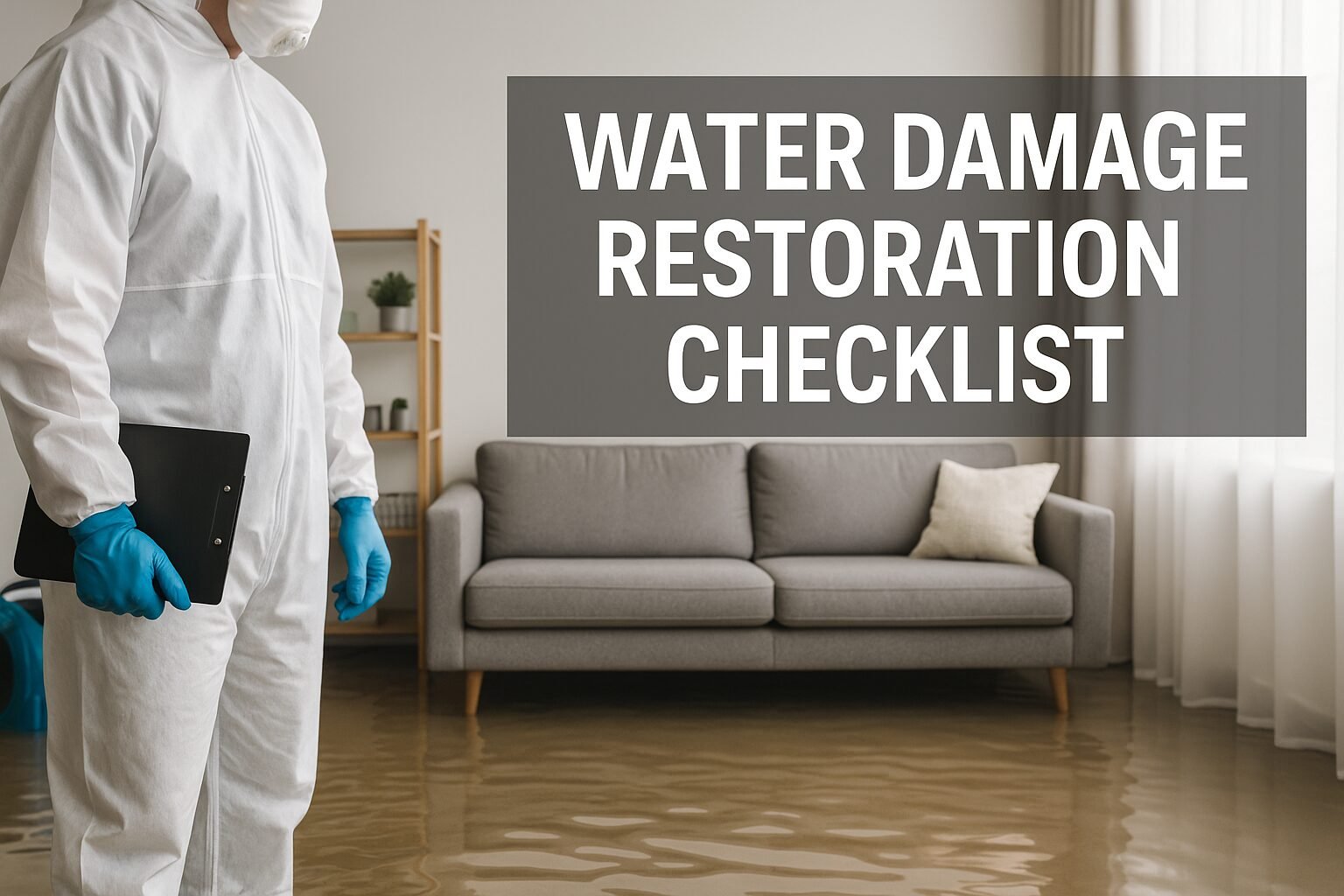 Feature image titled ‘Water Damage Restoration Checklist’ showing a clipboard with essential steps: Ensure Safety, Document Damage, Extract Water, Check for Damage, Dry Affected Areas, Prevent Mold.