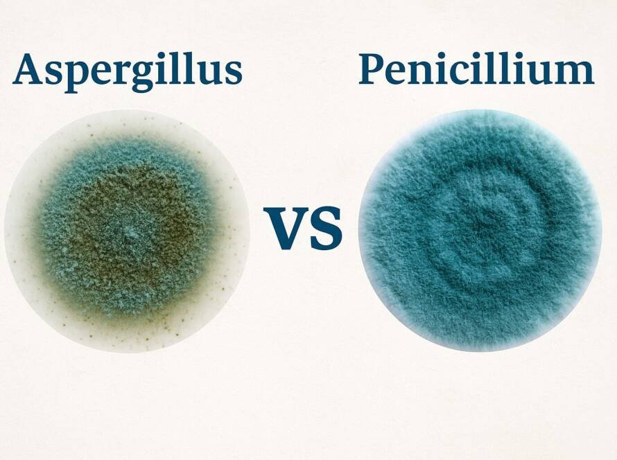Feature image showing Aspergillus vs Penicillium mold comparison — blue-green Penicillium mold on drywall and dark Aspergillus mold in HVAC vents