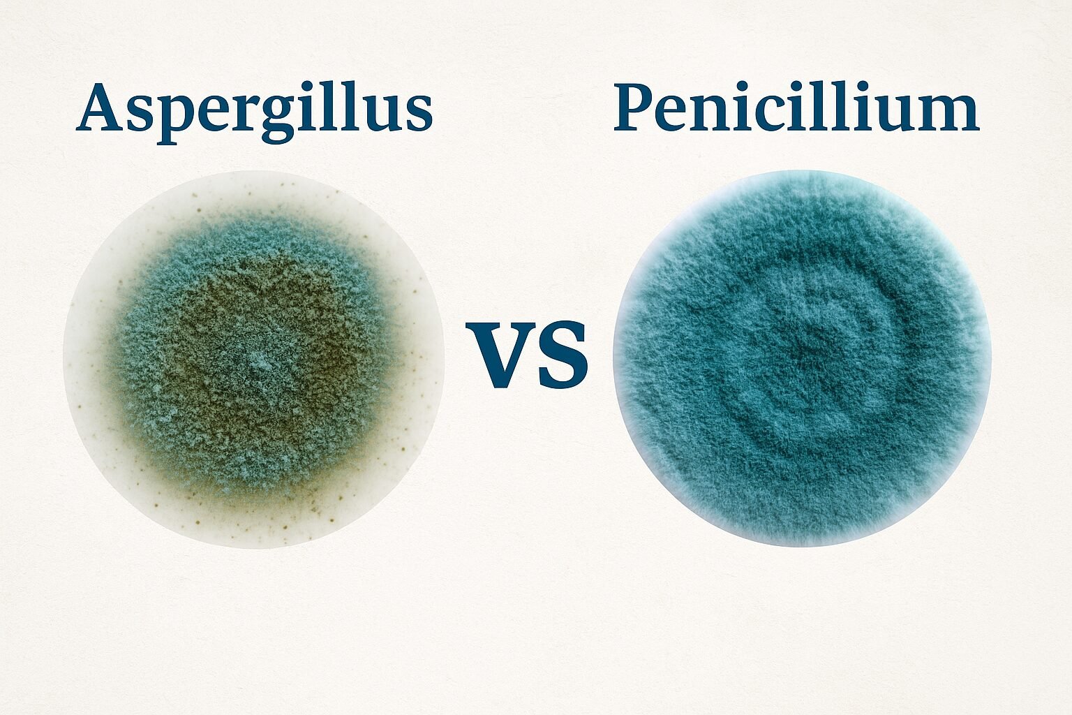 Feature image showing Aspergillus vs Penicillium mold comparison — blue-green Penicillium mold on drywall and dark Aspergillus mold in HVAC vents