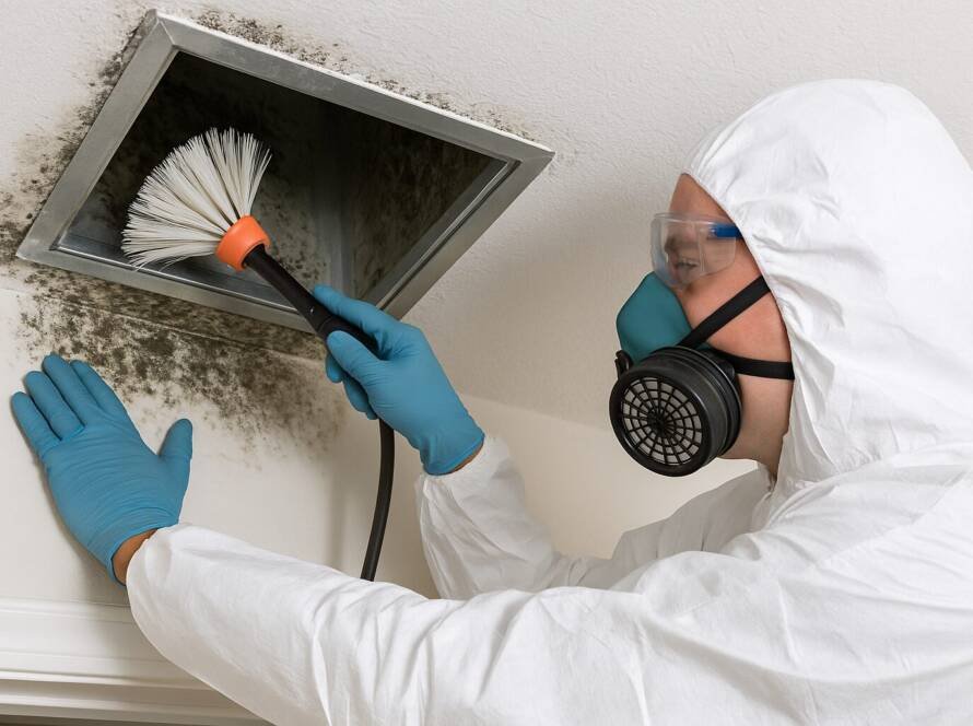 Technician in protective gear cleaning black mold from an air duct using a rotary brush, wearing gloves, respirator, and goggles during HVAC mold remediation.