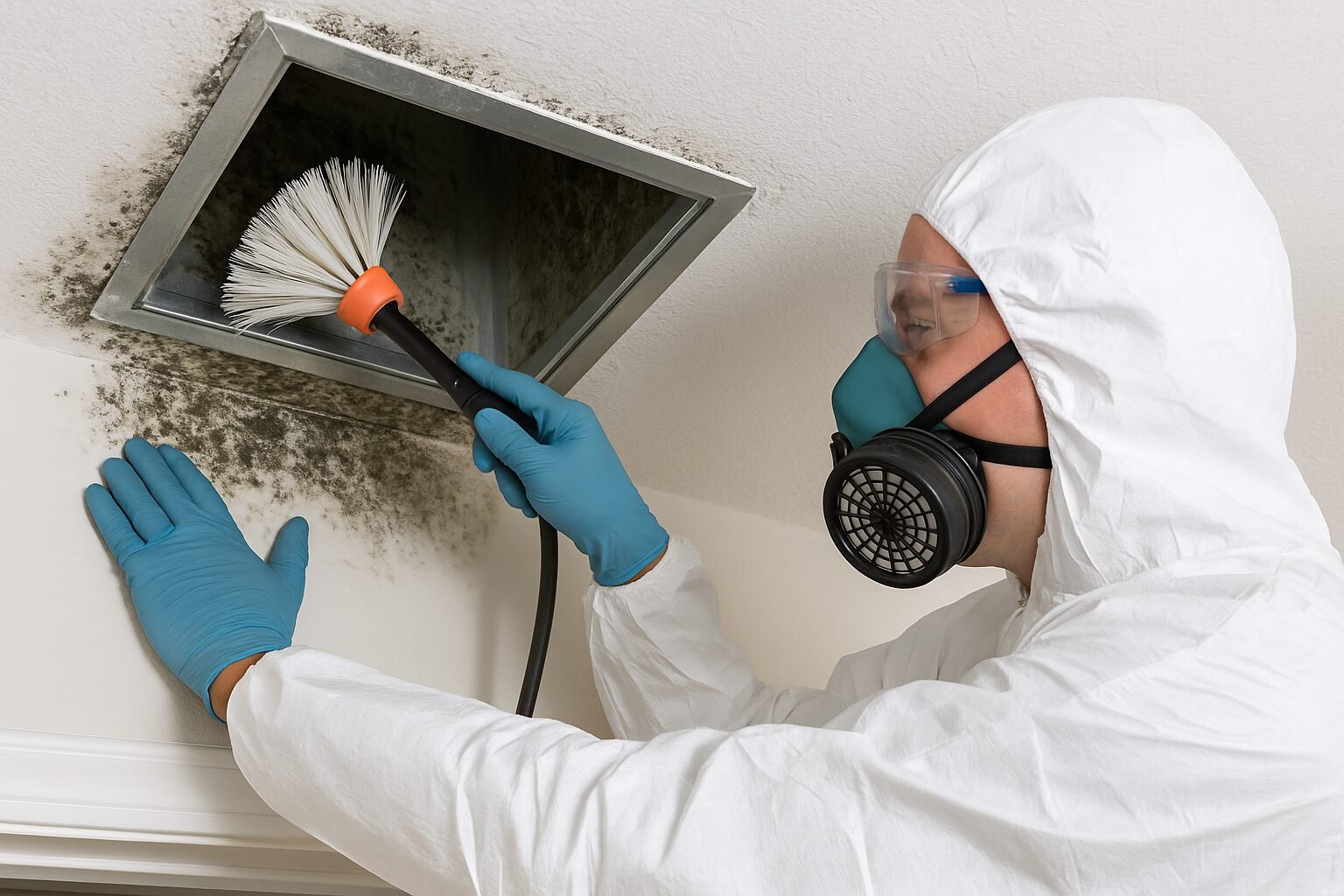 Technician in protective gear cleaning black mold from an air duct using a rotary brush, wearing gloves, respirator, and goggles during HVAC mold remediation.