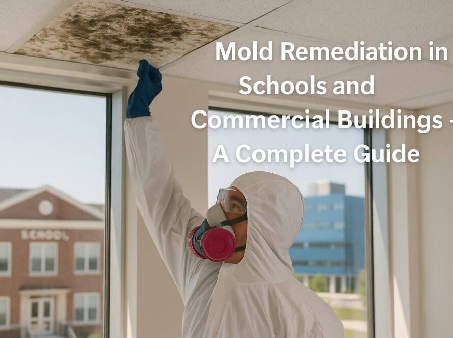 Realistic photo of a mold remediation technician inspecting a mold-infested ceiling tile inside a school or commercial building, with protective gear and the title ‘Mold Remediation in Schools and Commercial Buildings – A Complete Guide’ displayed.