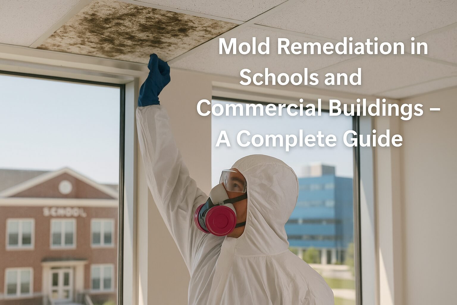 Realistic photo of a mold remediation technician inspecting a mold-infested ceiling tile inside a school or commercial building, with protective gear and the title ‘Mold Remediation in Schools and Commercial Buildings – A Complete Guide’ displayed.