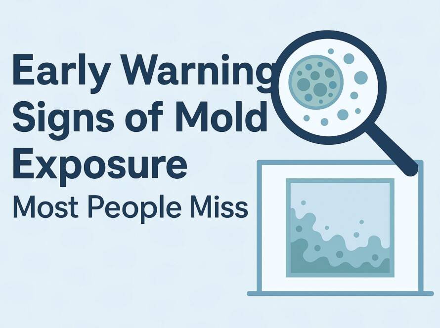 A clean, professional blog header graphic with the title ‘Early Warning Signs of Mold Exposure Most People Miss,’ featuring a magnifying glass over illustrated mold spores and a subtle blue background.