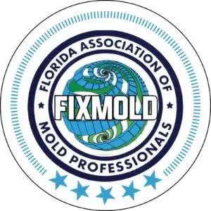 FixMold brand logo featuring blue and green spiral globe icon with bold blue FIXMOLD text mold inspection prevention removal Miami-Dade"
