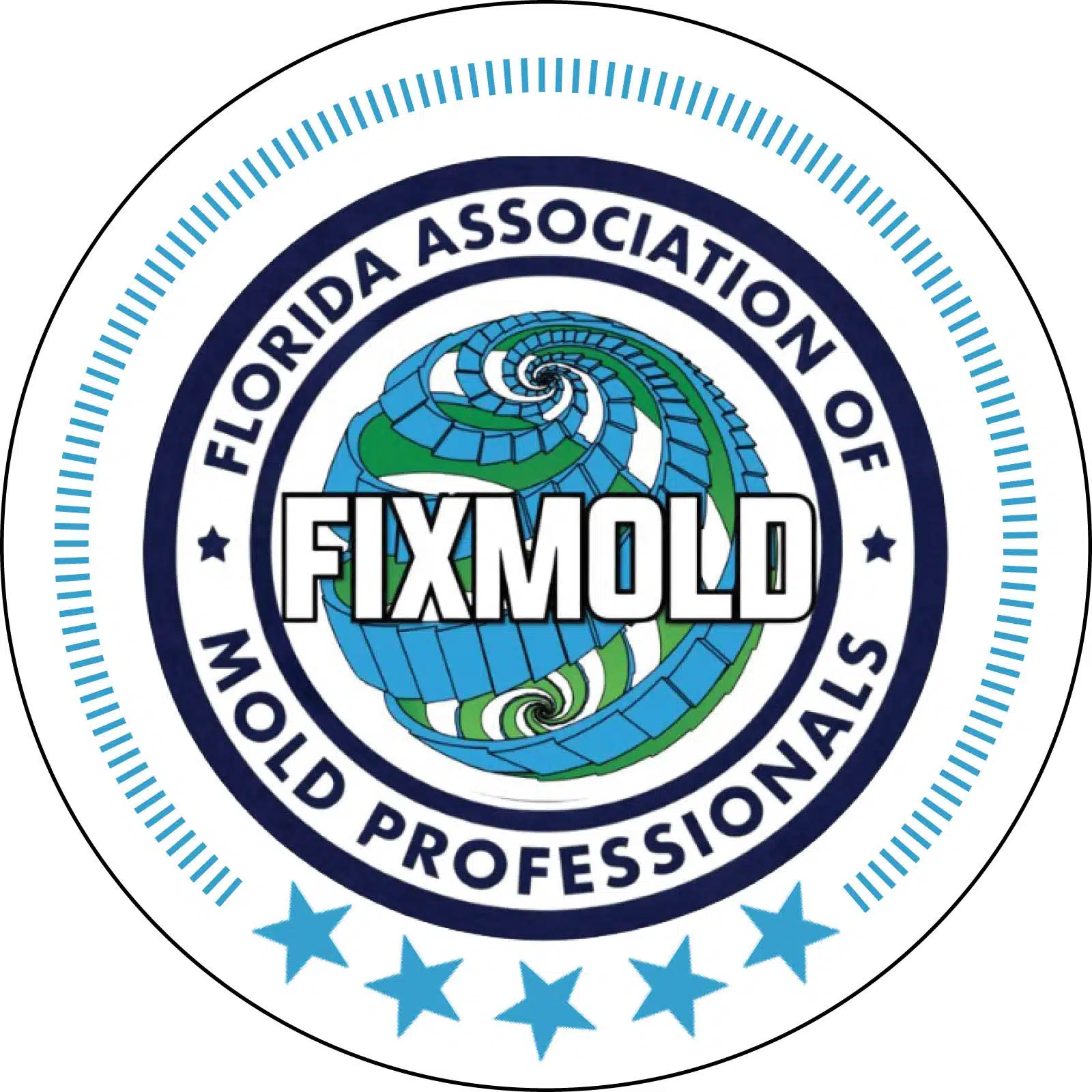 FixMold brand logo featuring blue and green spiral globe icon with bold blue FIXMOLD text mold inspection prevention removal Miami-Dade"
