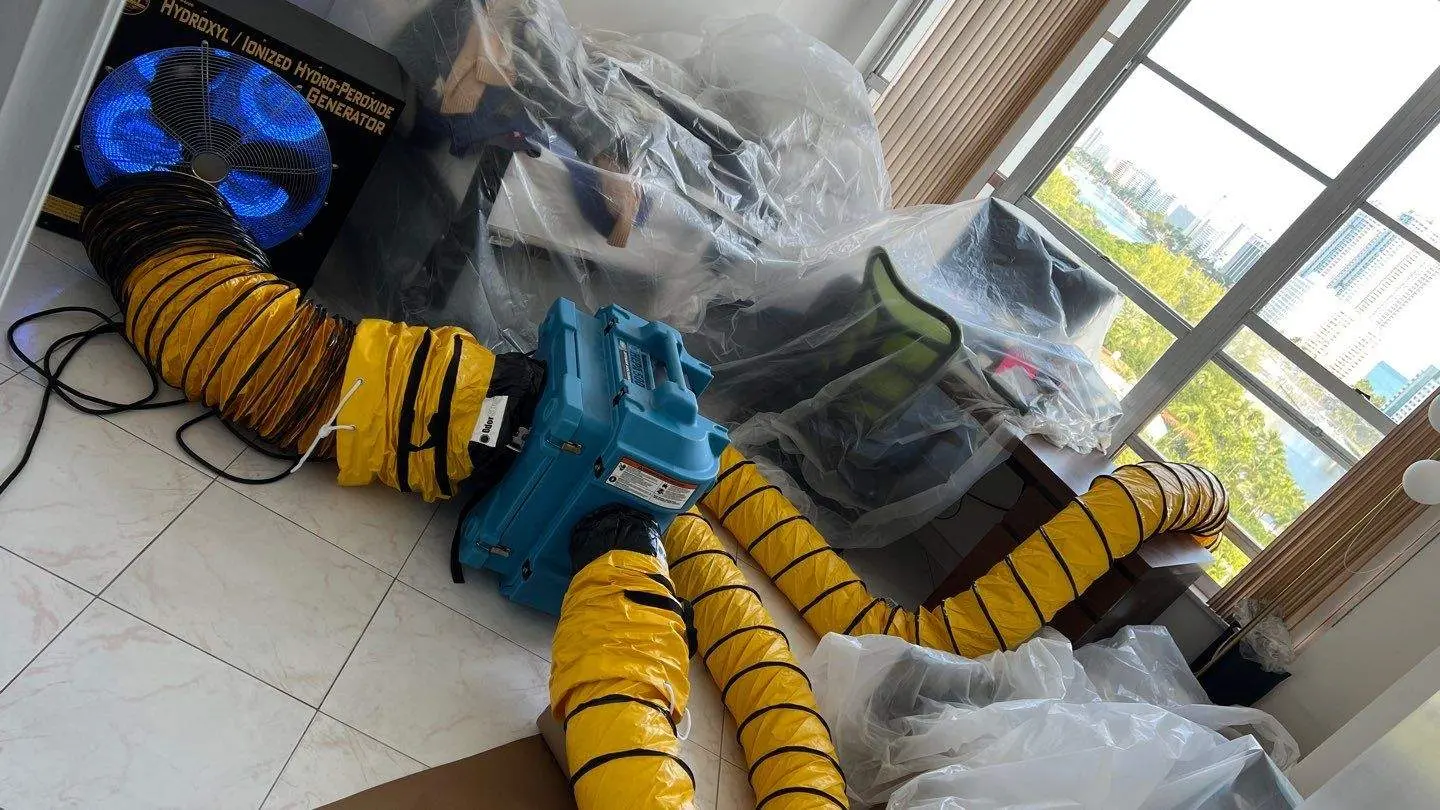 Air scrubbers, drying fans, and yellow ventilation hoses arranged throughout a home for mold remediation
