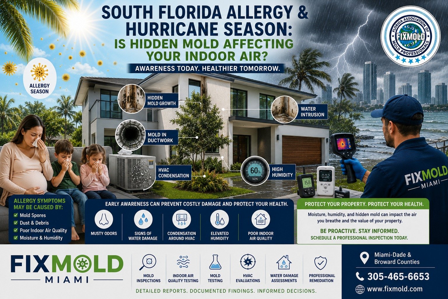 Infographic advertisement showing a Florida home with mold indicators and a technician testing indoor air for mold.