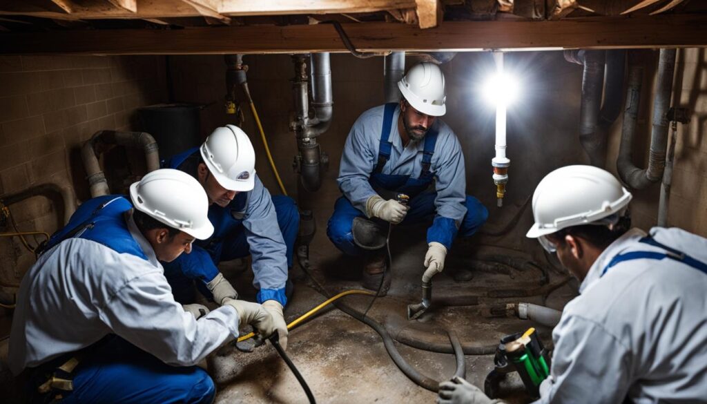 plumbers repairing plumbing system for mold prevention